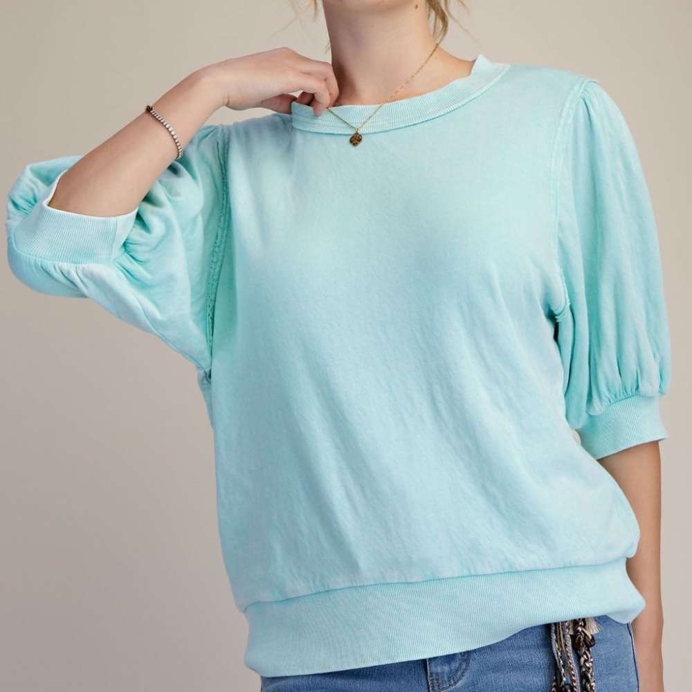 Easel Relaxed Washed Terry Knit Top Pullover in Aqua Blue 3/4 Sleeve Small Boho
